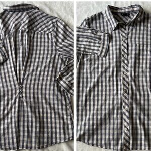 Lucky Brand Women Black/Beige Plaid 3/4 Sleeve Button Down Shirt Pleated Back XL